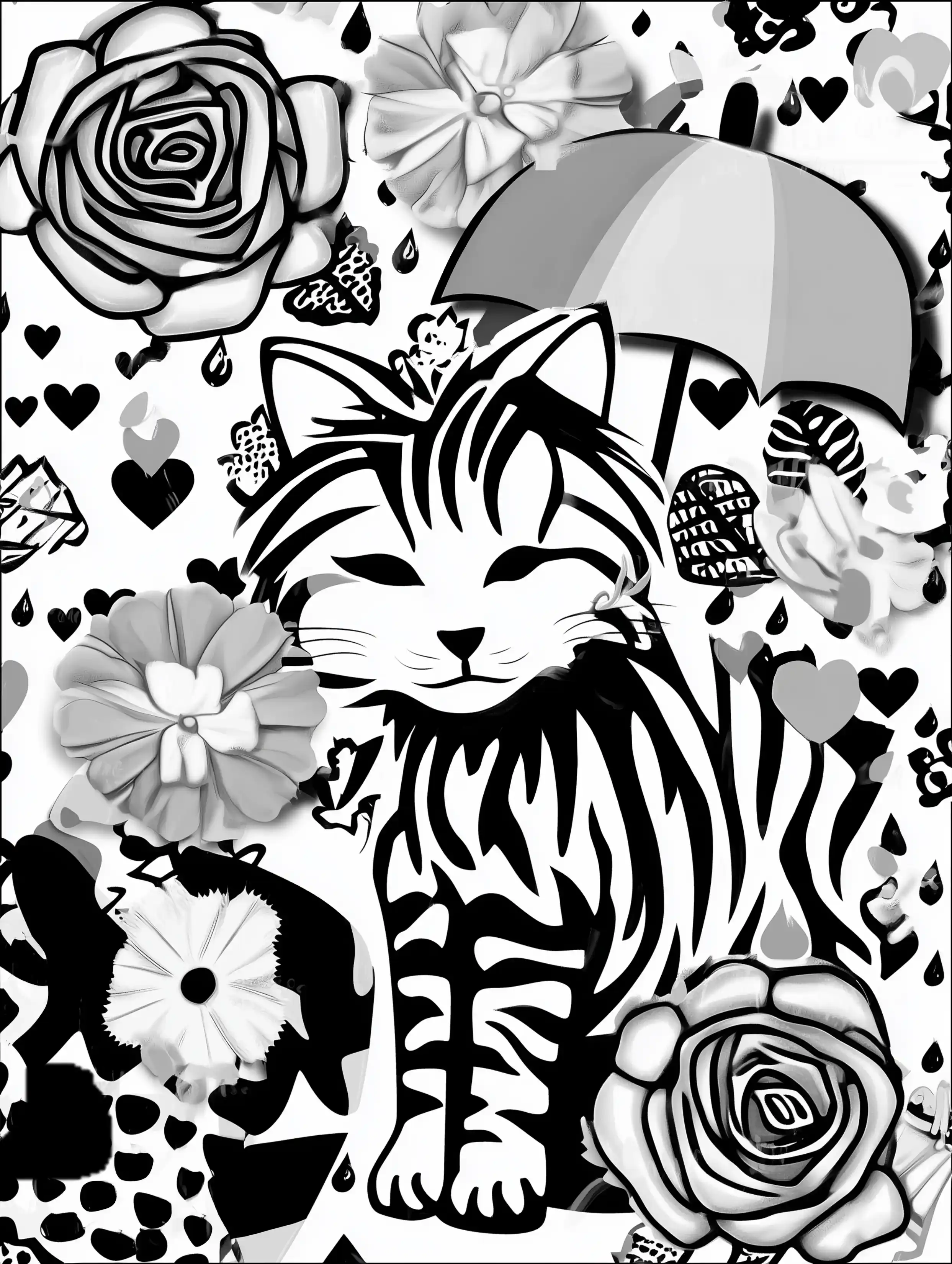 Free printable cats coloring page featuring a cat holding an umbrella